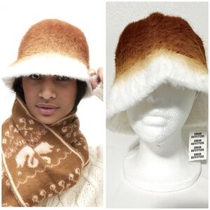 Urban Outfitters Women’s Ombre Fuzzy Plush Bucket Hat OS NWT Warm Brown/White